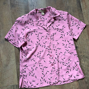 Women's Notations Pink & Black Leaf Print Button Down Shirt S